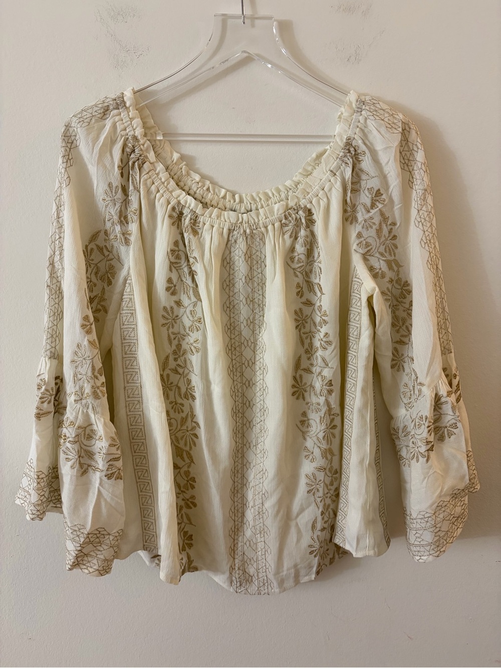 NWT HALE BOB PEASANT BLOUSE IVORY/GOLD SIZE M